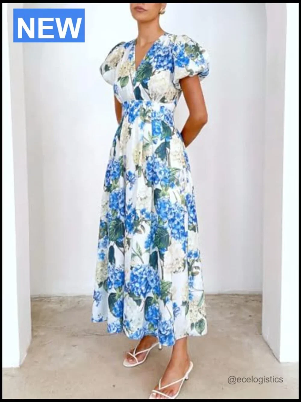Bohemian Floral Maxi Dress V-Neck A-Line Elastic Waist Summer Wedding Guest - Picture 5 of 6